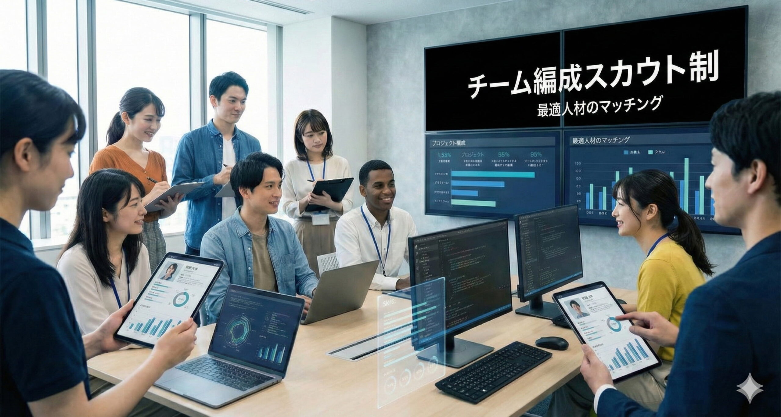 PMとエンジニアが案件について対等に話し合っているイメージ